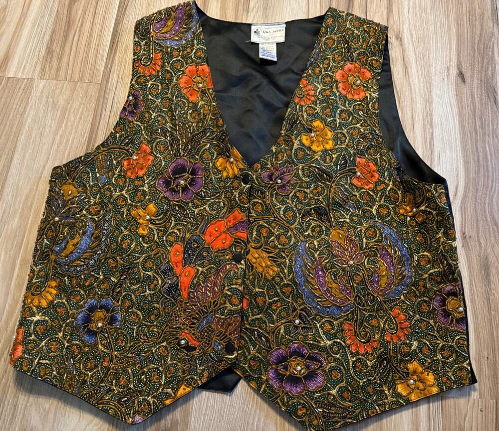 Ana Mori Vest Men One Size Multicolor Excellent Beaded Batik Floral Waistcoat